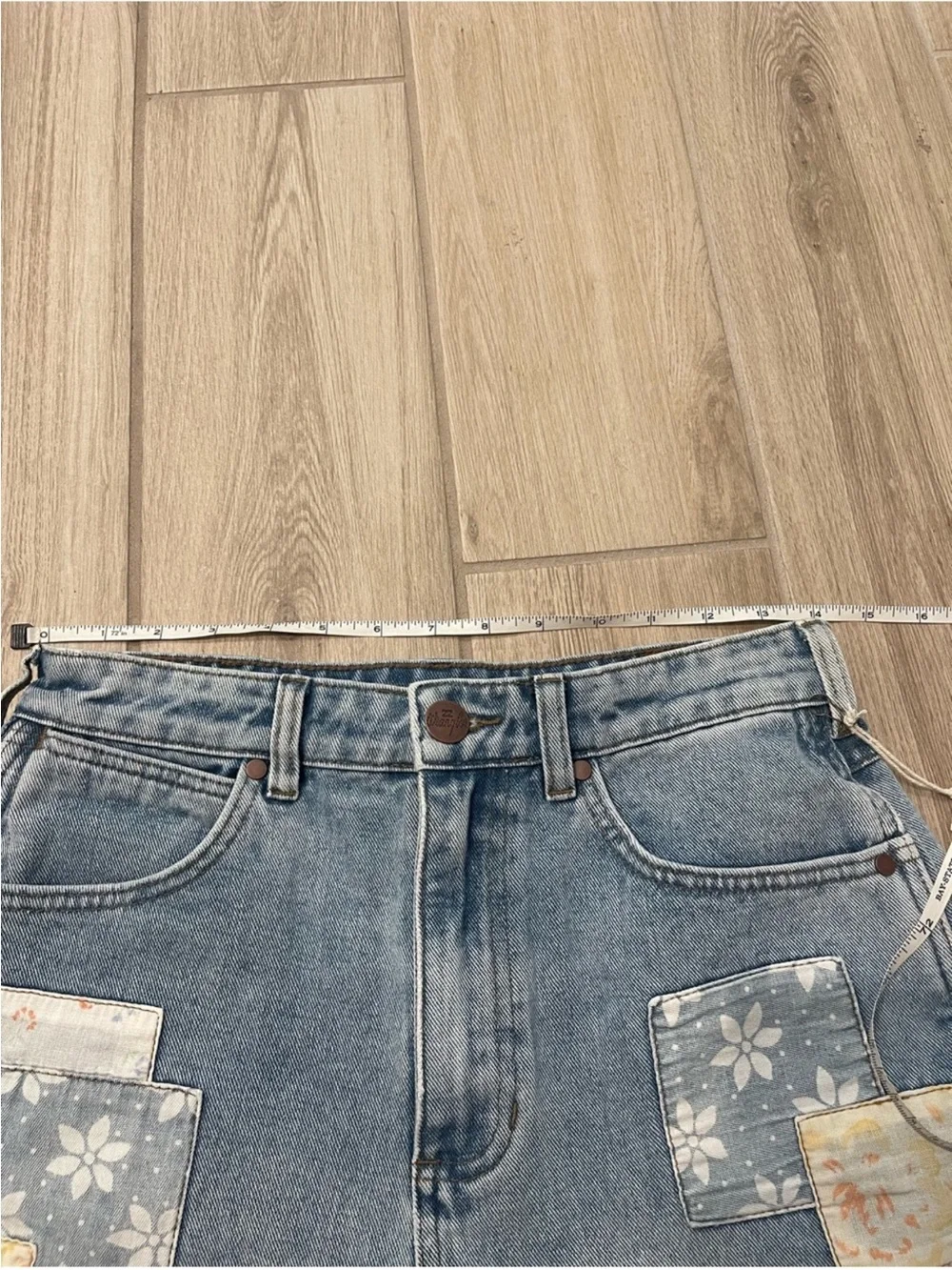 NWT Billabong X Wrangler Showdown Patchwork Cut Off Blue Denim Jean Shorts Sz 27
